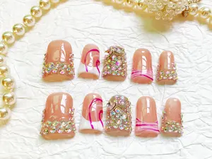 SOLO | DUCK Nails collection High-end nail stickers, 10 pieces of duckbill-shaped glossy style, 0.7 inches in size,European Glitter Diamond Fake Nails,Handmade Open InLive Crystal Nails Bling Rhinestone Decoration Sticky Tabs