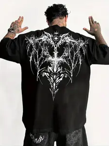 Men's Casual Sporty Short Sleeve Shirt, Dark Totem Print, Comfortable Round Neck T-Shirt for Outdoor Gym Streetwear Athletic Sports Clothing