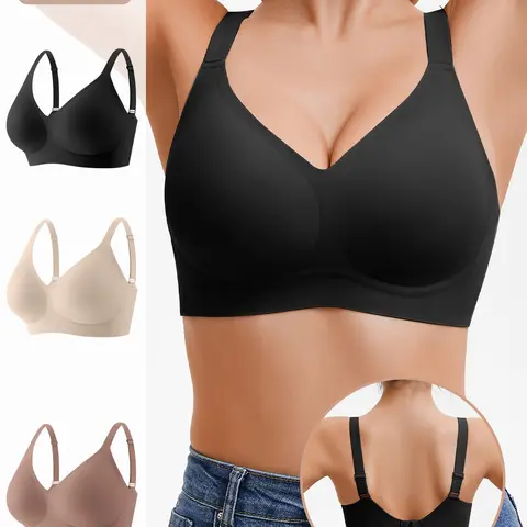 Wireless Jelly Bra for Women, Seamless Deep V Bras with Adjustable Wide Straps, Removable Pads, Comfortable Everyday Bra for Yoga, Lounge, Workout Bralette