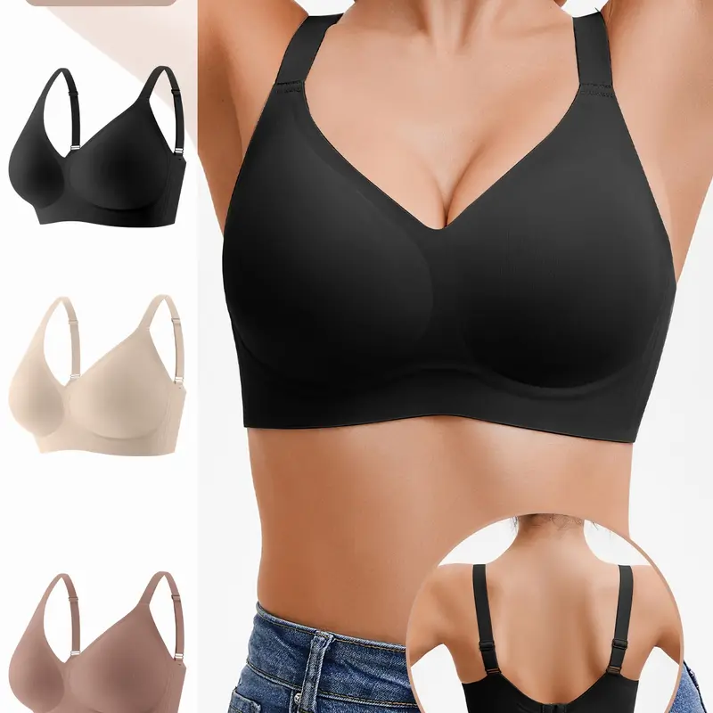 Wireless Jelly Bra for Women, Seamless Deep V Bras with Adjustable Wide Straps, Removable Pads, Comfortable Everyday Bra for Yoga, Lounge, Workout Bralette
