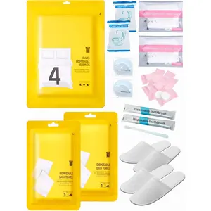 Disposable Travel Set: Bed Sheetx1+Duvet Coverx1+Pillow casex2+Bath Towelsx2+Shower Capsx2+Plastic Bathtub Bagx2+Toilet Seat Coversx2+Compression  Towelx8+Toothbrushesx2+Slippersx2