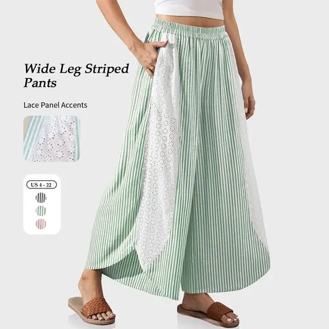 【SS26 Collection】TARSE Womens Striped Boho Wide Leg Palazzo Pants with Lace Panel Summer Loose Elastic Waist Beach Vacation Lounge Pants Casual Daily Wear