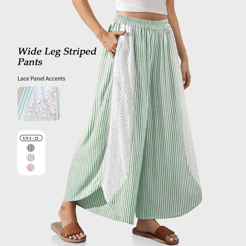 【SS26 Collection】TARSE Womens Striped Boho Wide Leg Palazzo Pants with Lace Panel Summer Loose Elastic Waist Beach Vacation Lounge Pants Casual Daily Wear