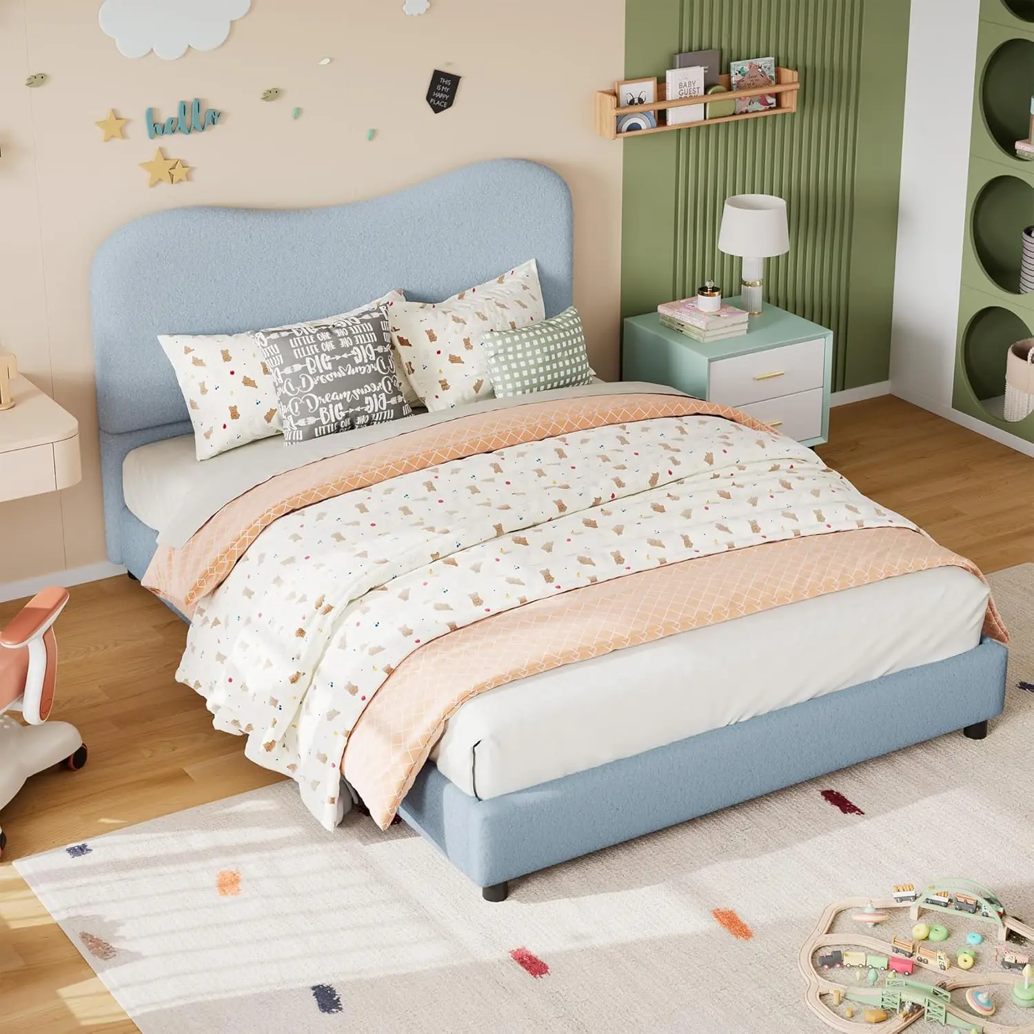 【Christmas Gift】Full Bed Frame for Kids with Velvet Upholstered Headboard Cute Low Profile Platform Bed for Girls and Boys No Box Spring Needed Strong Wooden Slats Noise Free Easy Assembly Blue