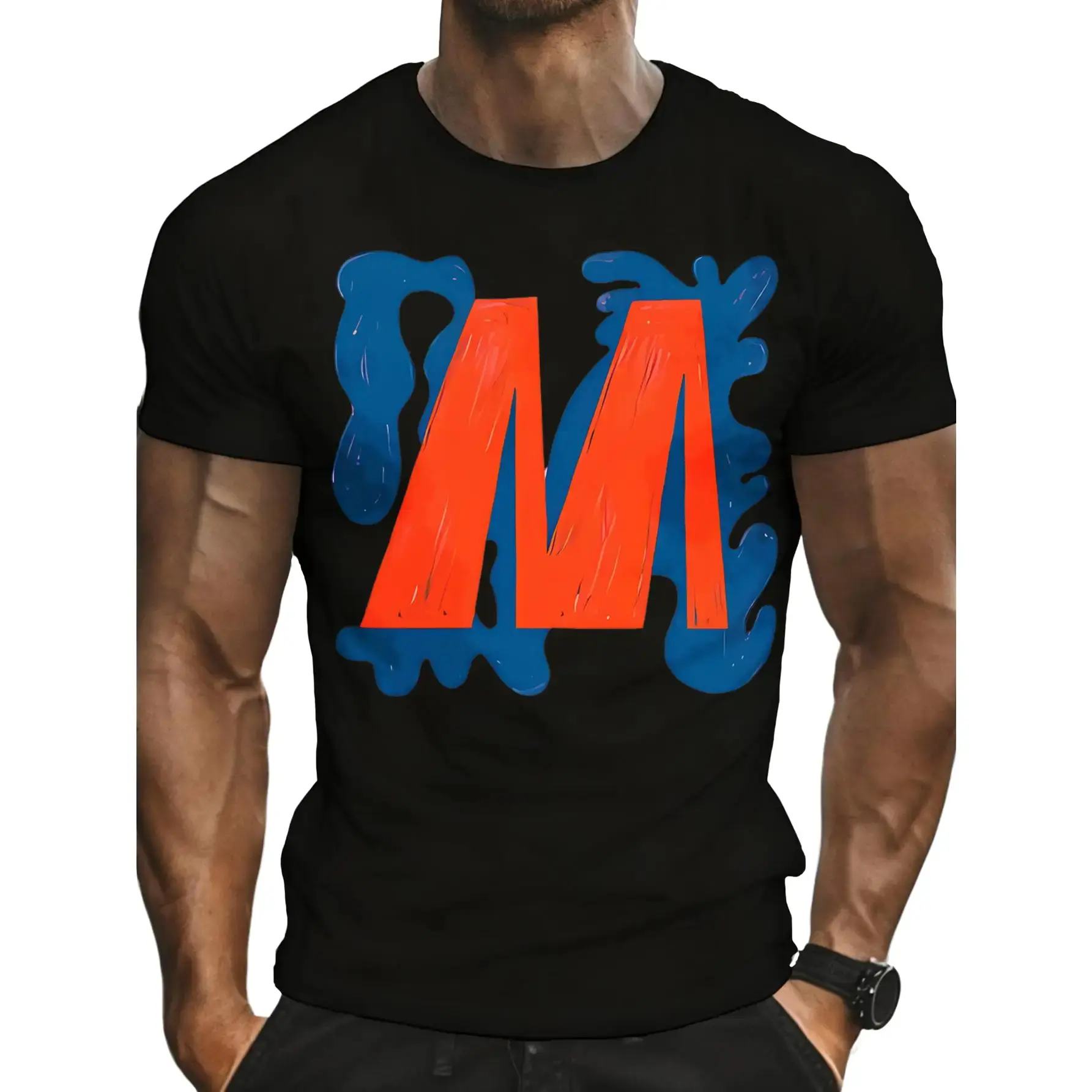 Casual, Men's T-Shirt, Bold M Letter With Blue Splash Design, Everyday Wear, Gift For Him
