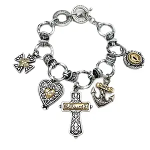 Christian Themed Silver Charm Bracelet with Heart, Cross, Anchor, and Additional Charms - Chunky Bangle for Daily Wear