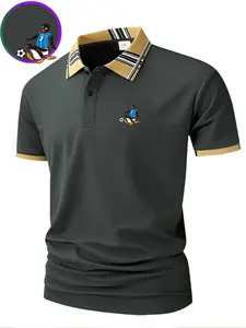 Men's Creative Penguin Soccer Print Polo Shirt, Button Front, Short Sleeve, Business & Casual Wear, Elegant Men's Clothing