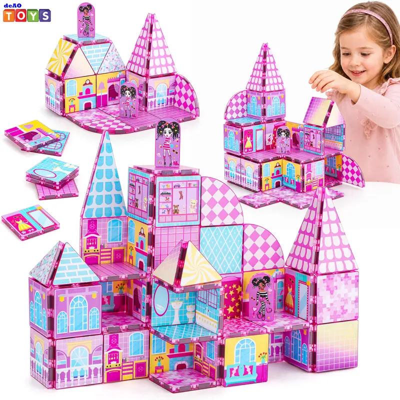 deAO Mane Dollhouse Dreamhouse Magnetic Building Tiles, 52 PCS Magnetic Tiles Building Blocks Set, Pink Dream Castle Building Set with Creative Construction Pieces and Idea Book, STEM Learning Construction Set for Kids Ages 3+