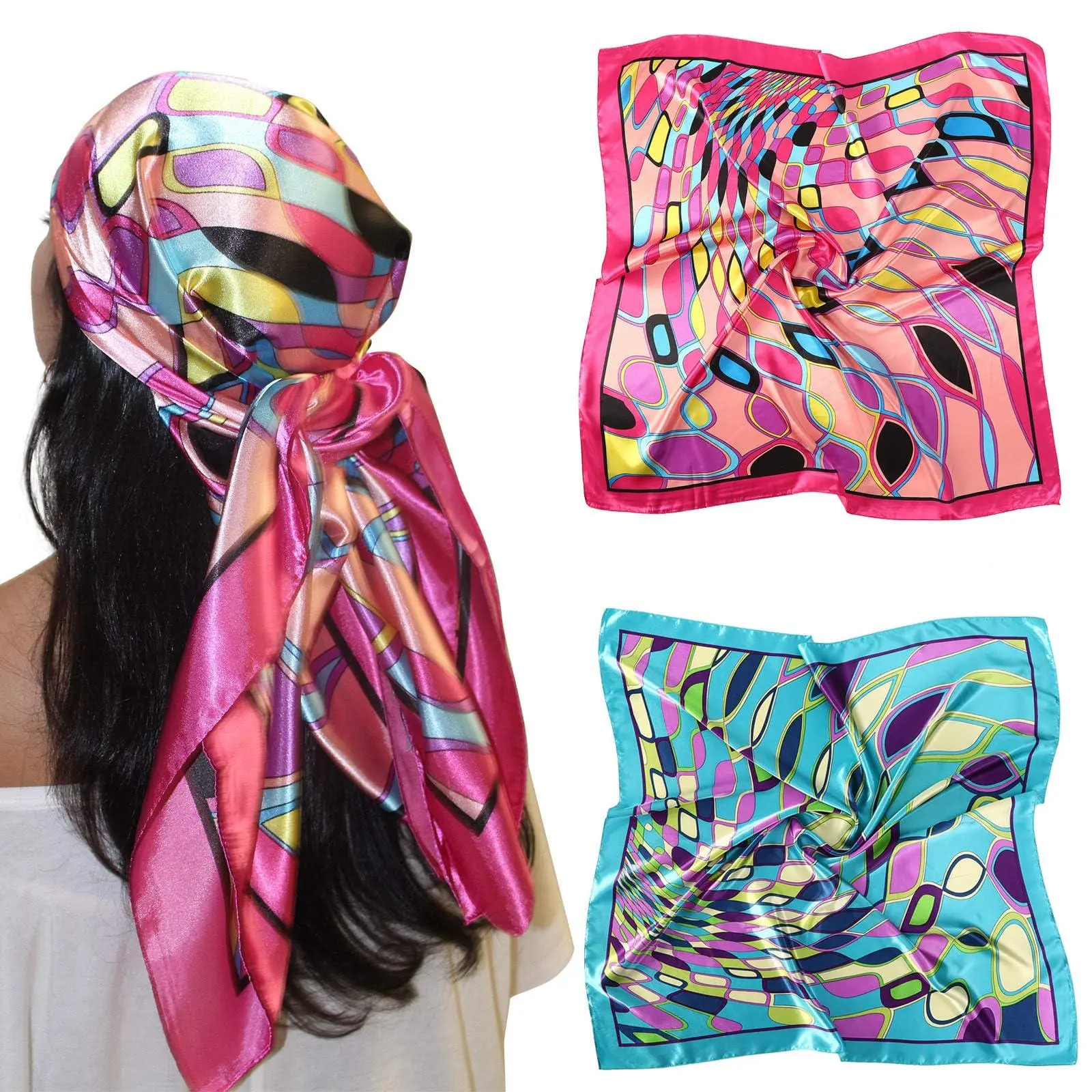 Women's Floral Satin Bandana, 2 Pack Large 35" Square Scarf Head Wrap, Silk-Like Neckerchief for Hair
