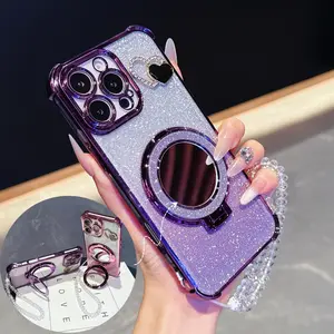 Glitter Phone Case with Mirror Stand, Anti-slip & Anti-drop Cellphone Protective Case, Shockproof Phone Cover, Phone Accessories Compatible with iPhone 16 15 14 13 12 11mini Plus Pro Max E/Compatible with Samsung S21-S25 Pro Plus FE Ultra, Cover