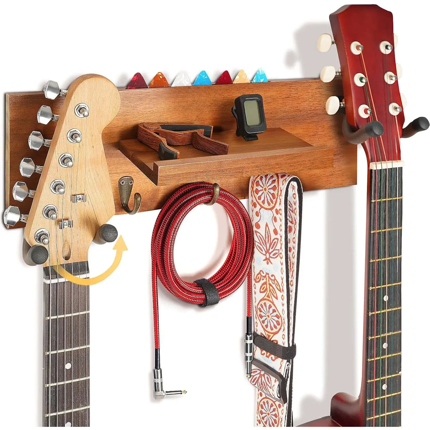 Guitar Wall Mount with Rotatable Hook,  Guitar Hanger with Shelf and Pick Holder, Wall Stand Rack for Acoustic, Electric, Bass