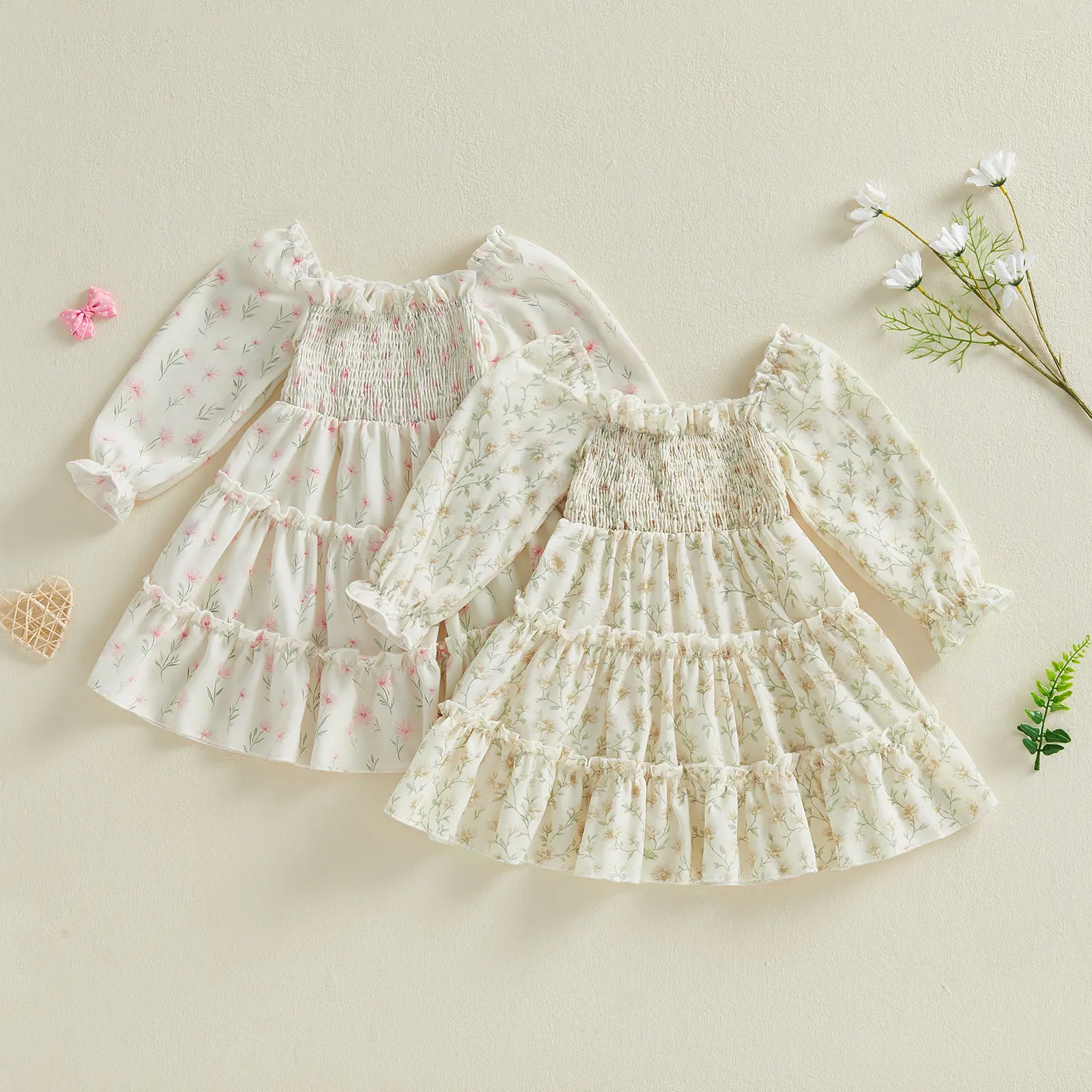 Toddler Baby Little Girl Floral Dress Long Sleeve Smocked A-line Tiered Ruffled Dresses for Spring Fall 1-5 Years