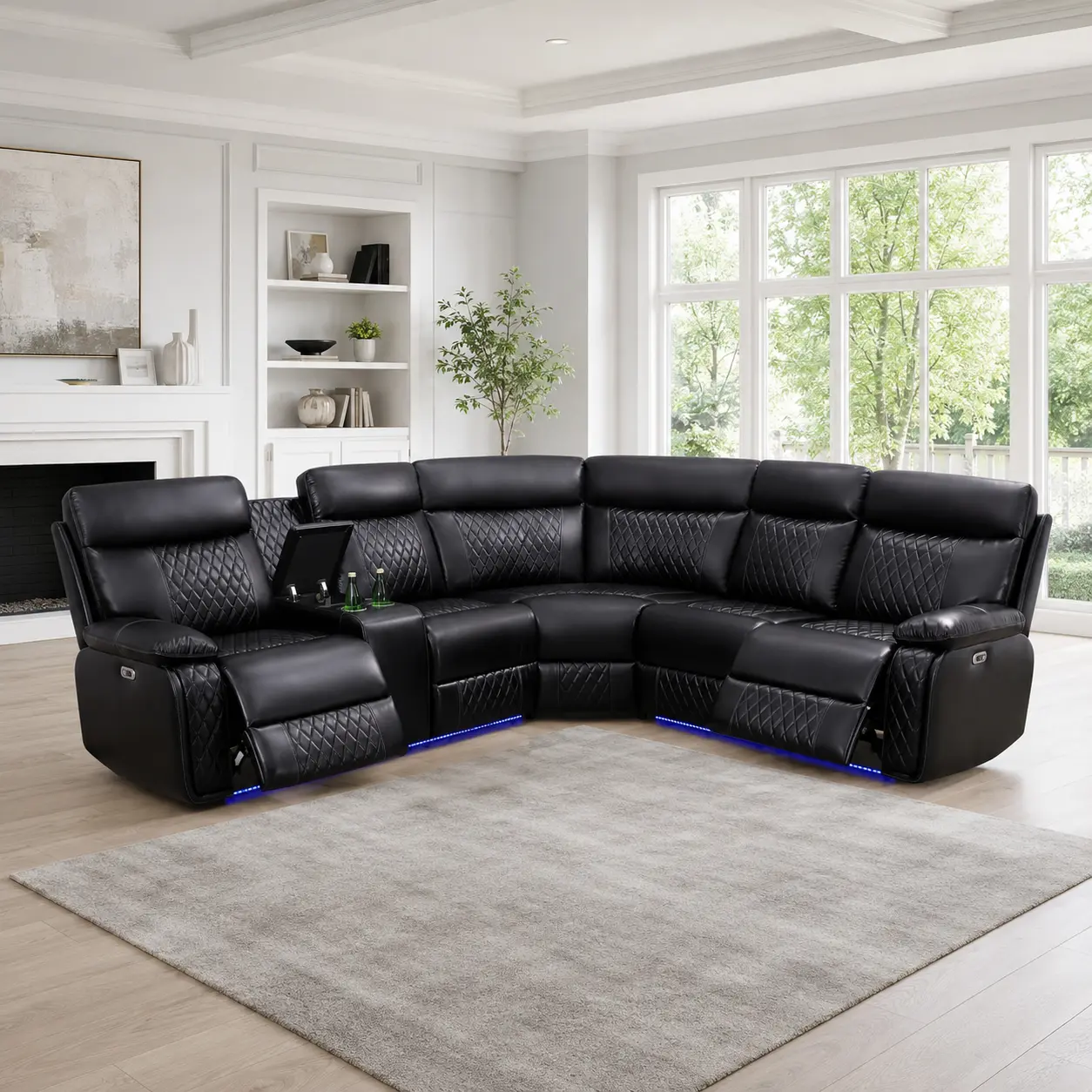 Power Reclining L-Shaped Sectional Sofa for Living Room, Genuine Leather Match Couch with LED Lights, Storage Console, Cup Holders and USB Type-C Charging Ports, Black