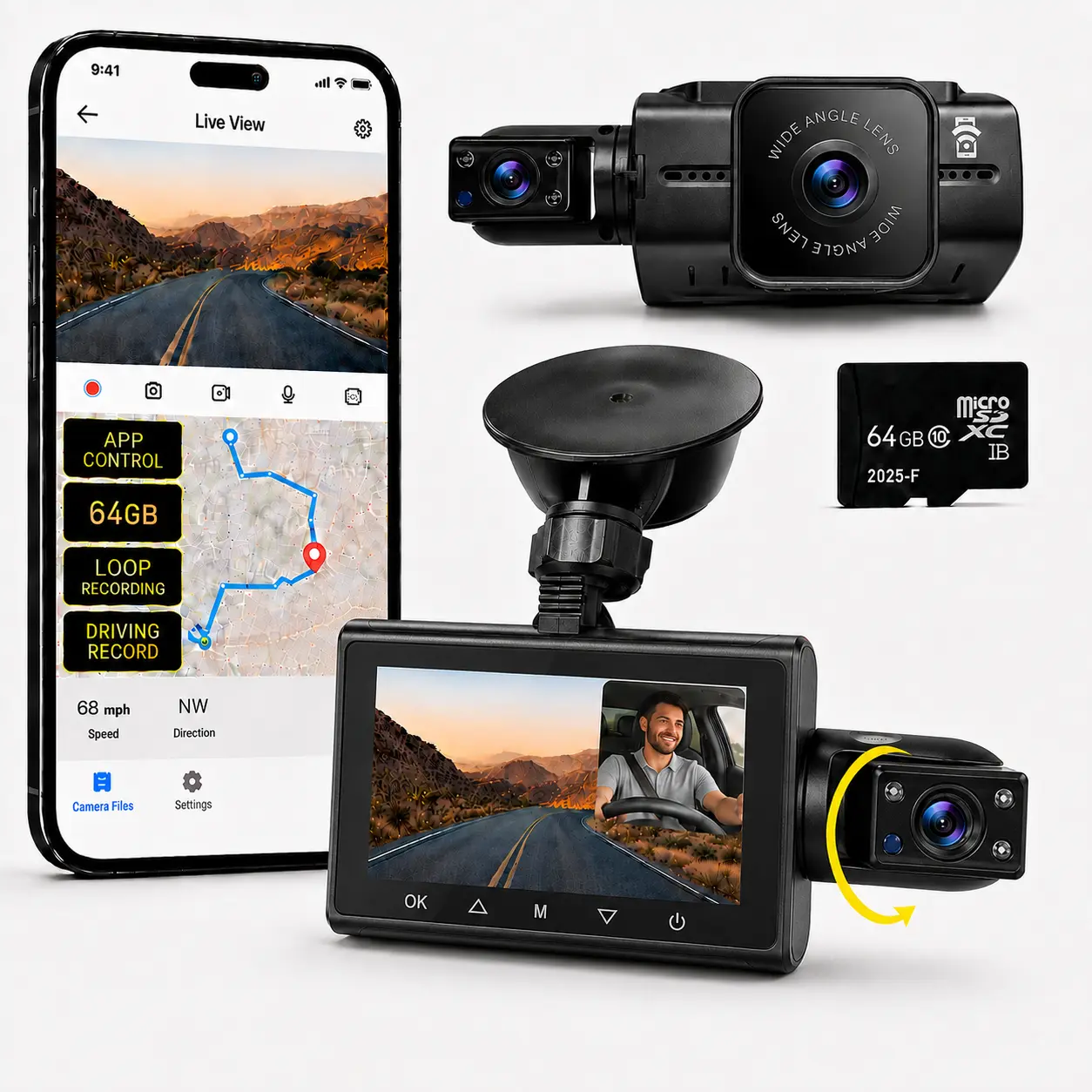 1080P Dual Dash Cam with WiFi, Car Camera Front and Cabin, 64GB Card