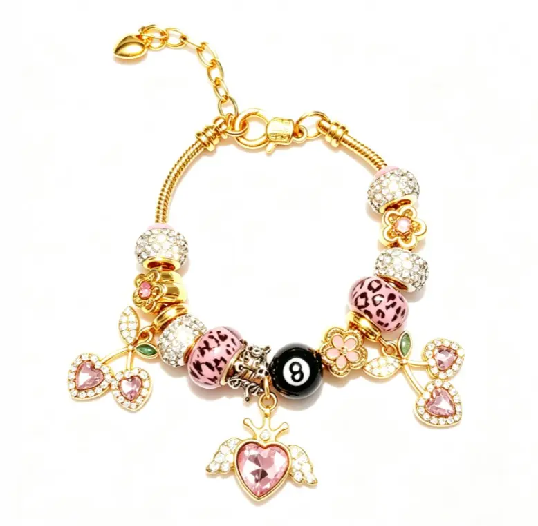 Gold Plated Snake Chain Charm Bracelet with Pink Leopard Print Beads, 8-Ball, Cherry & Winged Heart Crystal Charms, Y2K Cute Dainty Adjustable Jewelry Gift for Women Girls
