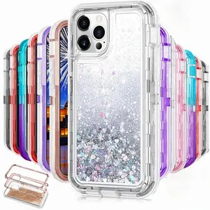 For iPhone 16 15 14 13 12 11 Pro Max XS XR 8 Plus 3-in-1 Liquid Flash Glitter Phone Case Heavy Duty Anti-scratch Quicksand Cover