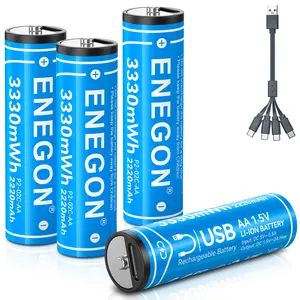 ENEGON 4-Pack AA/AAA Type-C Rechargeable Li-ion Batteries, 1.5V Lithium with Fast 2-Hour Charging, for Toys, Remote Controls, Mouse, Voice Recorder, Electric Toothbrush, Calculator, Toy Cars, Game Controllers, Alarm Clocks, Sustainable & Cost-Effective