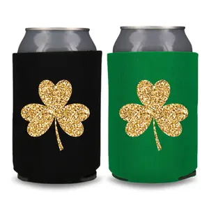 St. Patrick's Day Beer Coolies, Gold Shamrock, Irish Coolers, St. Paddy's Day Party Gift, Drink Accessory for Regular Cans Drinkware Black