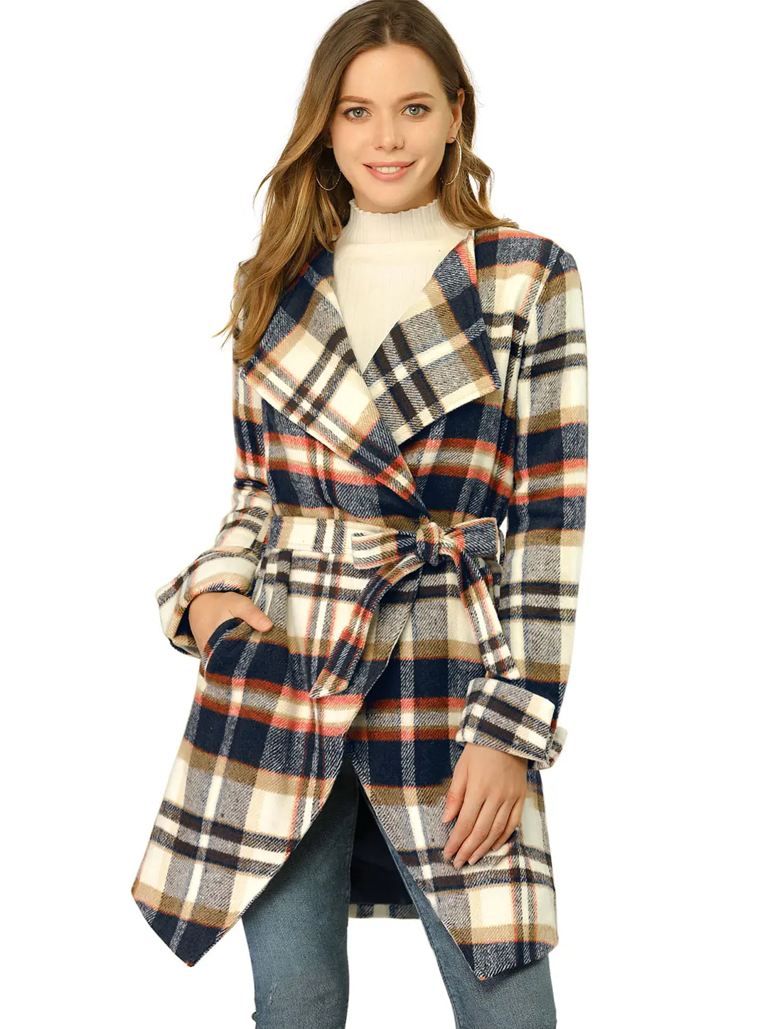 INSPIRE CHIC Women's Shawl Collar Belted Asymmetrical Hem Plaid Coat
