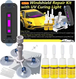 Windshield Repair Kit, Windshield Crack Repair Kit 4 Pack, Windscreen Repair Kit with Enhanced Injection Head Suction Cup UV Curing Light, Windshield Chip Repair Kit for Chips, Scratches, Cracks