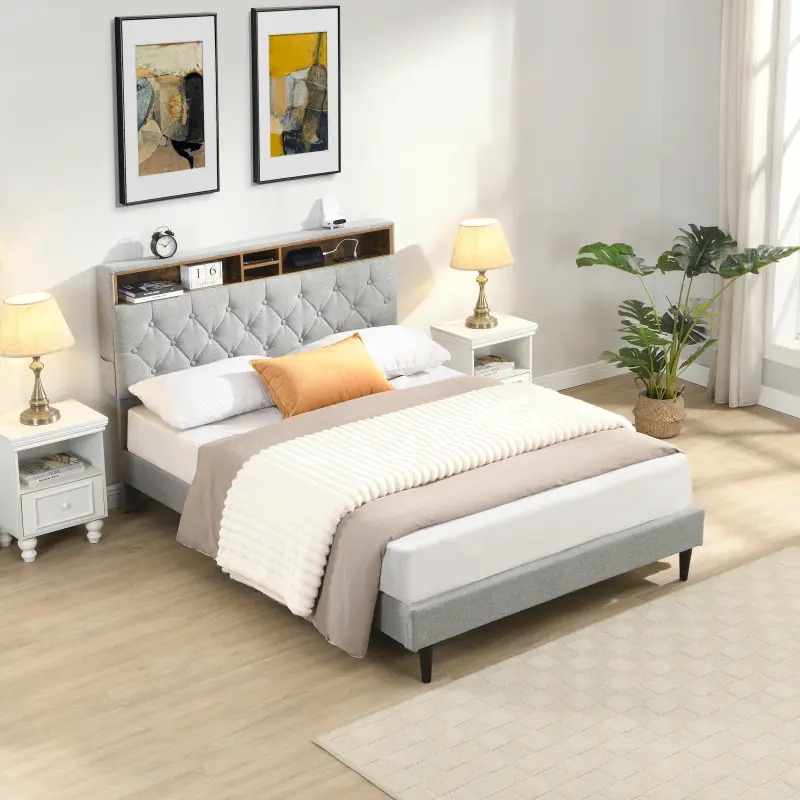 Modern Light Grey Queen/Double Linen Platform Bed Frame with Minimal Style Button-Tufted Headboard, Built-In USB Port, 2 Side Compartments, No Box Spring Needed, Assembly Required