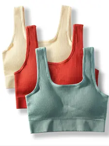 Women's Solid Ribbed Yoga Sports Bra, Breathable Comfortable Removable Chest Pads Bra, Ladies Sportswear for Indoor Outdoor Wear