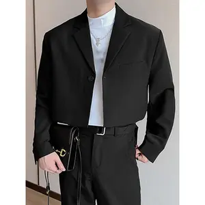 Men's Plain Long Sleeve Blazer, Casual Button Jacket Crop Top Outerwear for Spring & Fall, Men Designer Clothes, Streetwear Designer Jacket Coat for Daily Wear, Outdoor Blazer, Suit Jacket