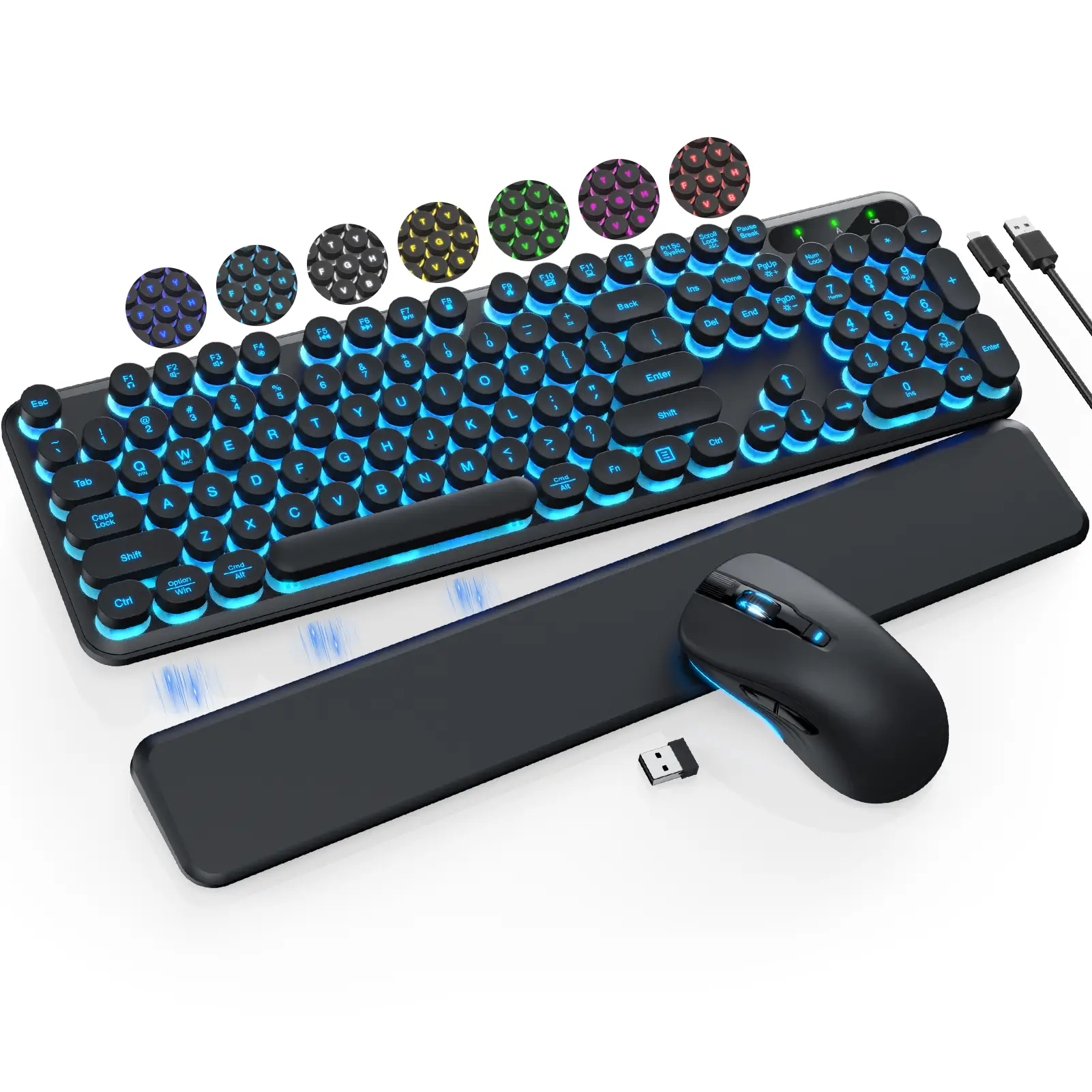 SABLUTE KL302 Retro Backlit USB Combo(Not Bluetooth), Round Keycap Keyboard with Detachable Wrist Rest - 2.4G Cordless Keyboard and Mouse