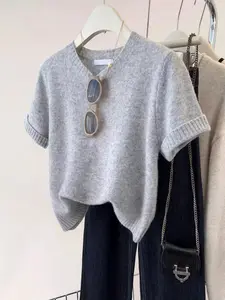 Casual Knit Top, Short Round Neck Design, Drop Shoulder Sleeve Style, Knitted Edge Decoration, Comfortable Summer Essential
