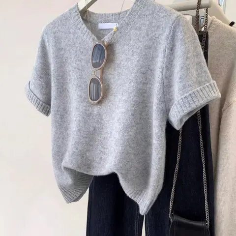 Casual Knit Top, Basic Knitwear, Fashion Knitwear, Casual Fabric Knitwear, Knit Sweater Tops, Short Round Neck Design, Drop Shoulder Sleeve Style, Knitted Edge Decoration, Comfortable Summer Essential, Womenswear, Fit