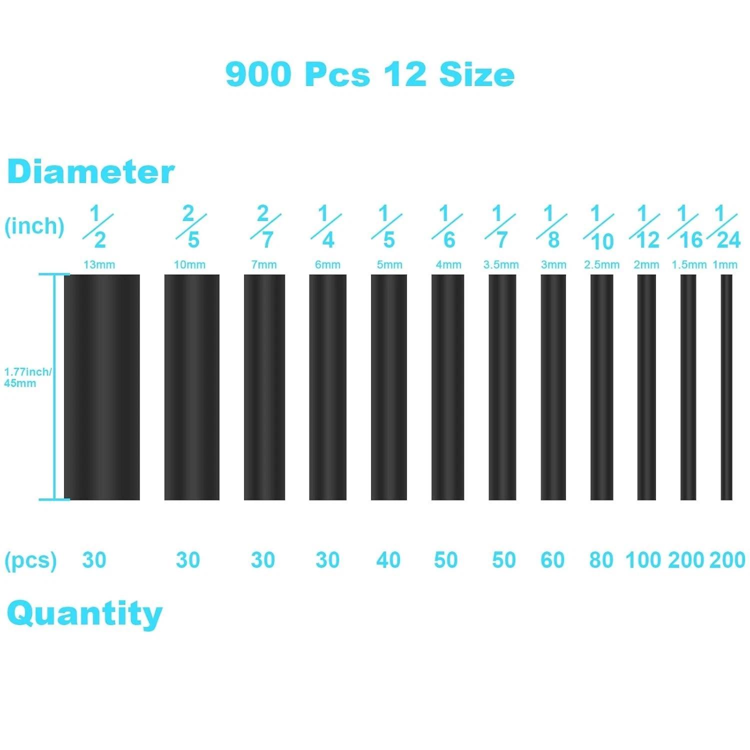 900 PCS Wire Heat Shrink Tubing Kit Marine Grade Insulated Heat Shrink Wrap Tube Premium Black Waterproof Flame Retardant Electrical Cable Sleeve Assorted Size Wire Repair Connection Protective Tube for Auto Marine Boat Car Household Electronic Wiring Ins