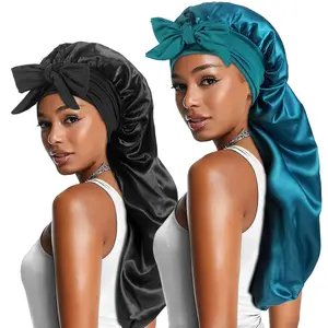 2 count Long Satin Bonnets with Tie Band, Large Braid Bonnet Silky Hair Cap for Locs Women Sleeping, D