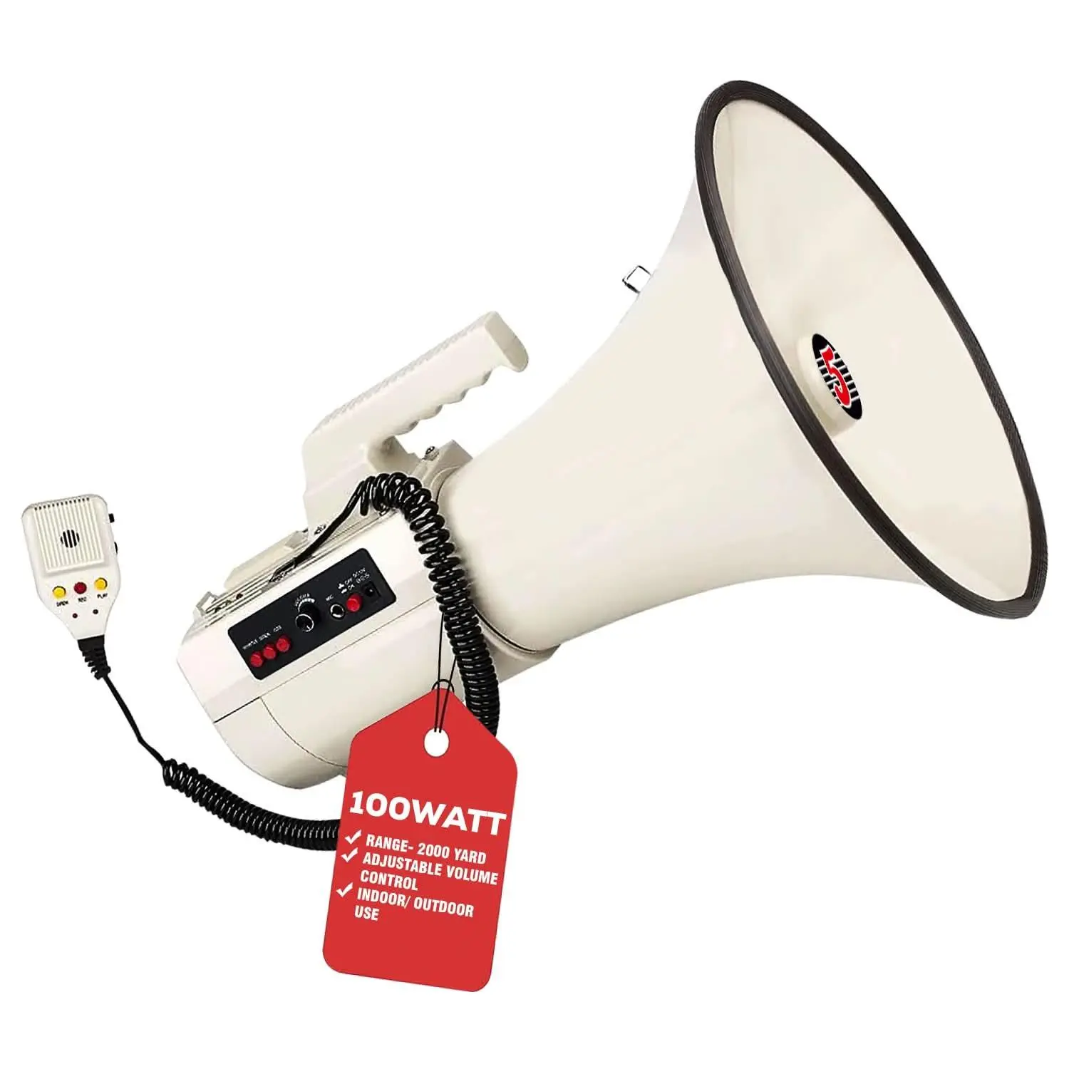 5 Core Professional 100W Power Bullhorn Megaphone PA Speaker with 2000-yd Range, Loud Alarm Mode Voice Amplifier, Thumb Drive Compatible for Sports Coaches