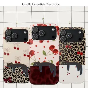 [TRENDY] Lazy Cat Cherry Leopard Case - Kawaii Cheetah Aesthetic Tough Shell - Protective iPhone 11-17 Cover - Includes FREE 5pcs Stickers
