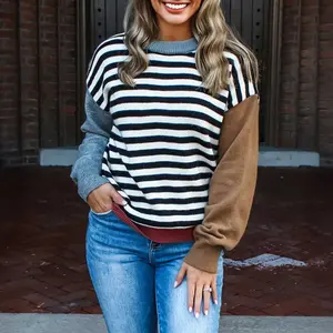 Color black Striped Panels Colorblock Sleeve Chic Sweater
