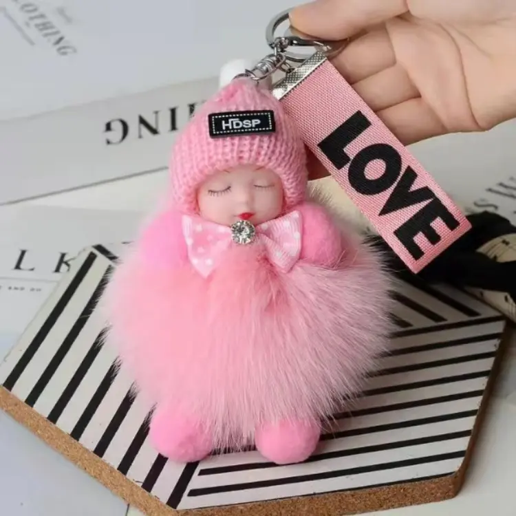 Cute and Adorable Furry Pom Pom Sleeping Baby Keychain Cute Charm for Phone, Bag, Fashion Accessories, Gifts for Women Girls