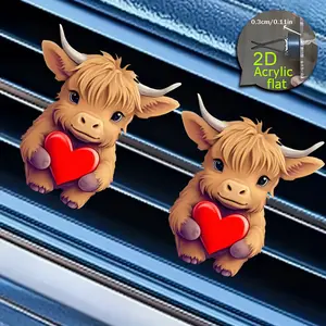 2D flat, 1pc Cute Highland Cow car air conditioning outlet clamp with a red heart, no fragrance source, equipped with two sponge sheets, acrylic car air outlet clamp, fresh car air, Car interior accessories, car interior parts