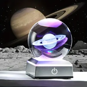 3D Saturn Crystal Glass Ball with LED Base, 8cm Polished Space-Themed Tabletop Decor, USB Powered Astronomy Enthusiast Gift for Birthday, Graduation, Valentine's, Mother's, Father'S Day