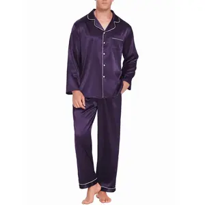 ELESOL Men'S Satin Pajama Sets Long Sleeve Notched Collar Soft Polyester Sleepwear with Pockets, Solid Color, Spandex Stretch, Loose Fit Woven Lounge Set for Party, Fall/Winter Season