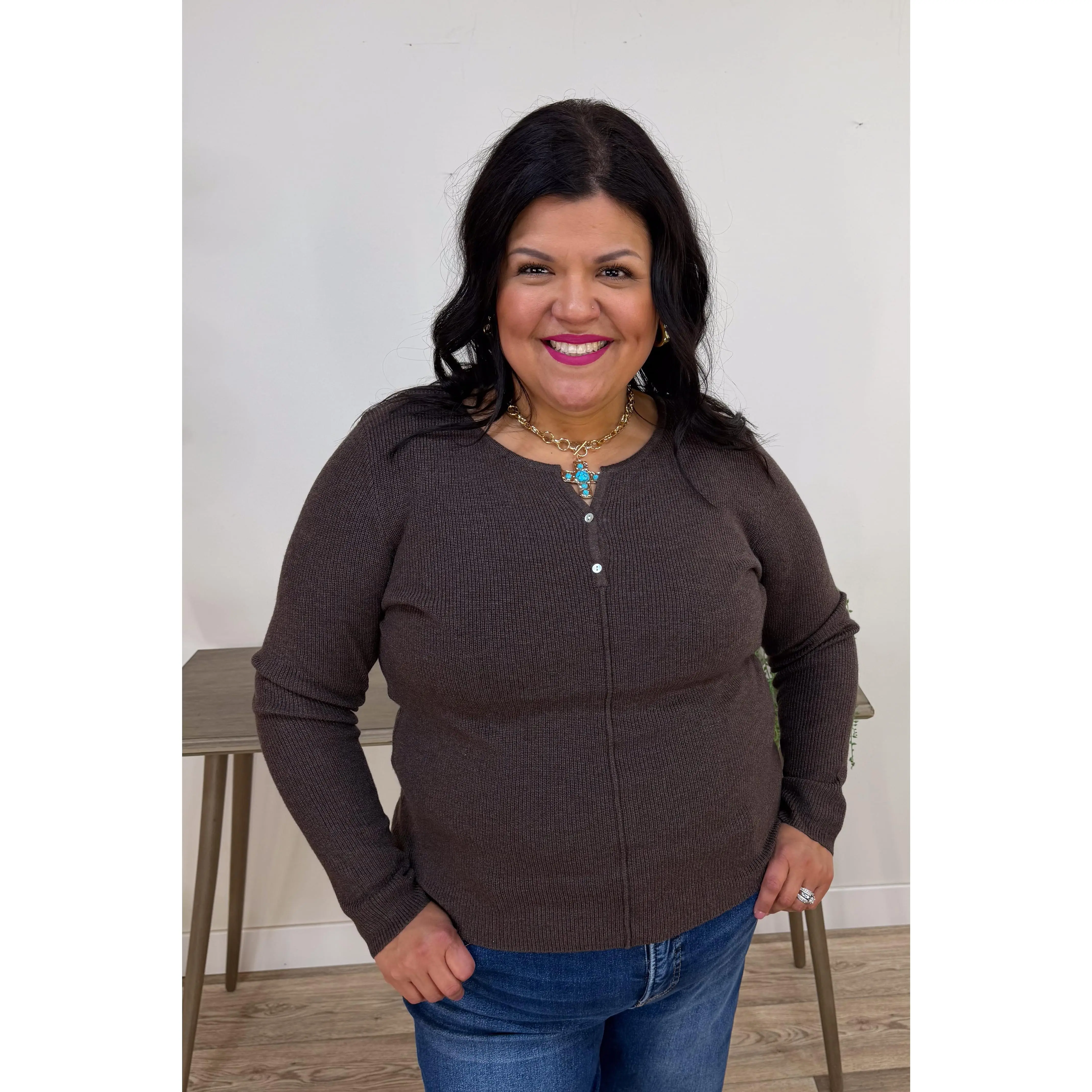 Chocolate Henley Ribbed Sweater