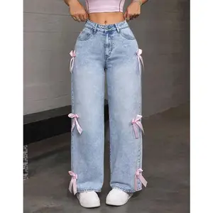 Women’s wide-leg jeans with a bow detail, washed high waist, distressed vintage denim, straight ankle length — 2025 streetwear