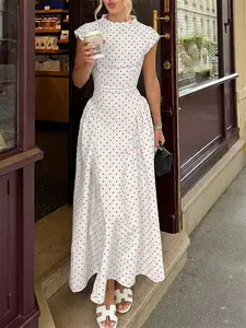 Elegant Dot Print Long Dress for Women, Casual Formal Party Gown, Round Neck Zipper Slim Fit Pleated Design, Street Festival Travel Wear, Sleeveless Dress, Elegant Chic Dress, Party Dresses