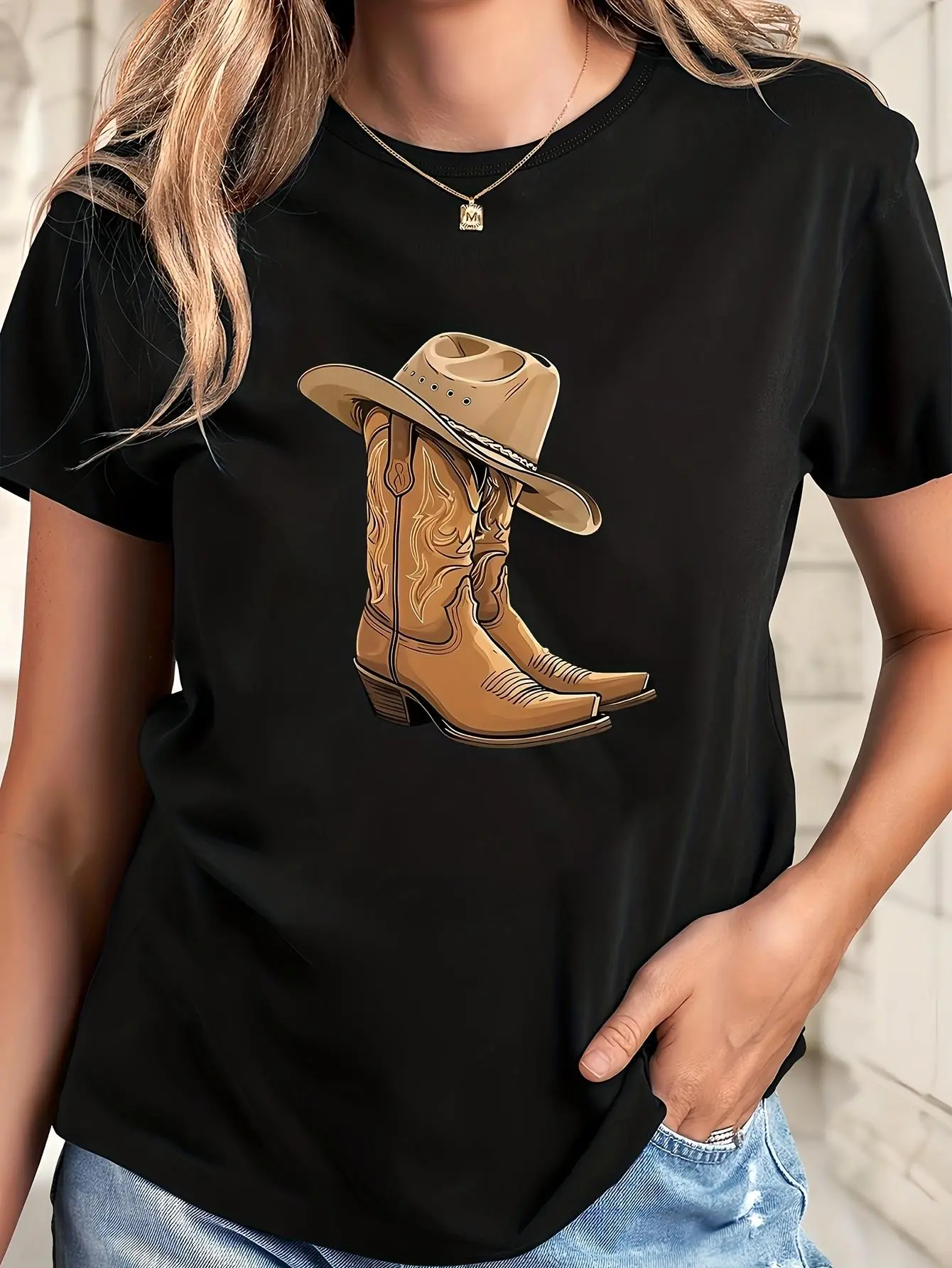 Women's Western Cowgirl T-Shirt - Cowboy Boot & Hat Print Short Sleeve Top - Soft Round Neck Casual Shirt for Ranch Parties, Country Events & Casual Attire - Spring Summer Fall Outfits - Easy-Care Machine Washable Western Apparel
