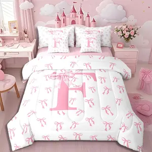 Feelyou 7-Piece Princess Bedding Set - Monogrammed A-Z Initial Bow Motif Comforter, Soft Breathable Coquette-Style Bed-in-a-Bag with Fluffy Layer, Ideal for Blanket Gifts