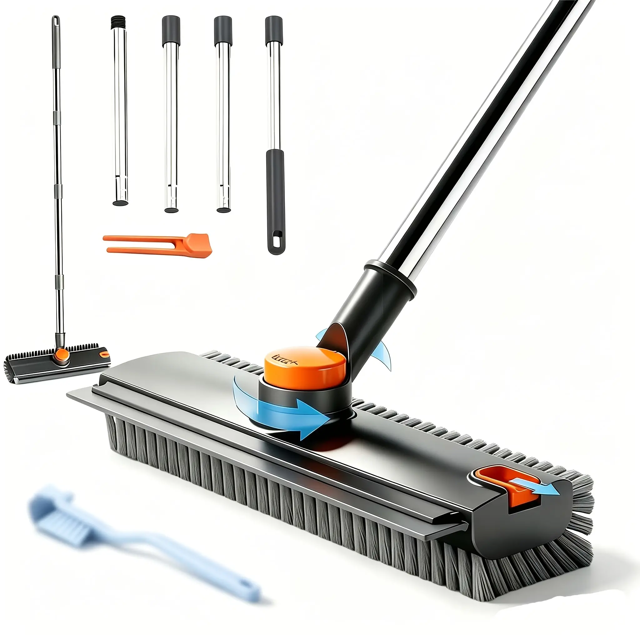 4-in-1 Floor Scrub Brush with Squeegee – Adjustable Long Handle, 360° Rotating Head, Stiff Bristles for Tile, Grout, Bathroom & Kitchen