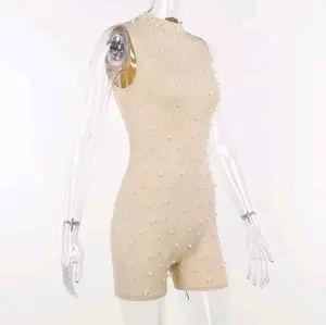 Sequins and Pearls Romper - Elegant Beige Sleeveless Jumpsuit with Pearl Embellishments for Women