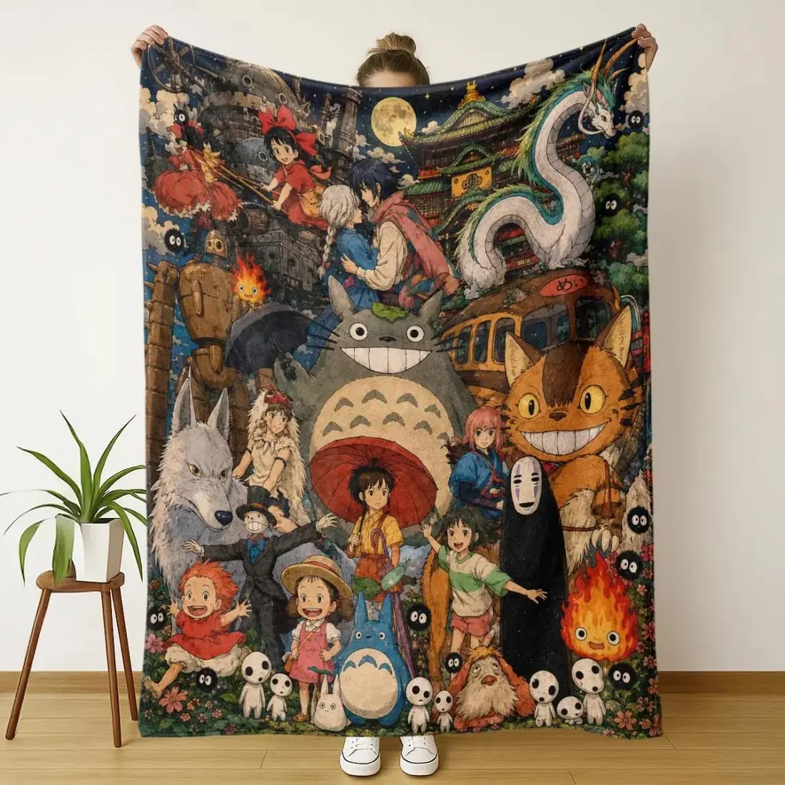 Studio Ghibli All-Characters Blanket, Vintage Watercolor Print, Starry Night Background, Soft & Cozy, Ideal for Miyazaki Fans
