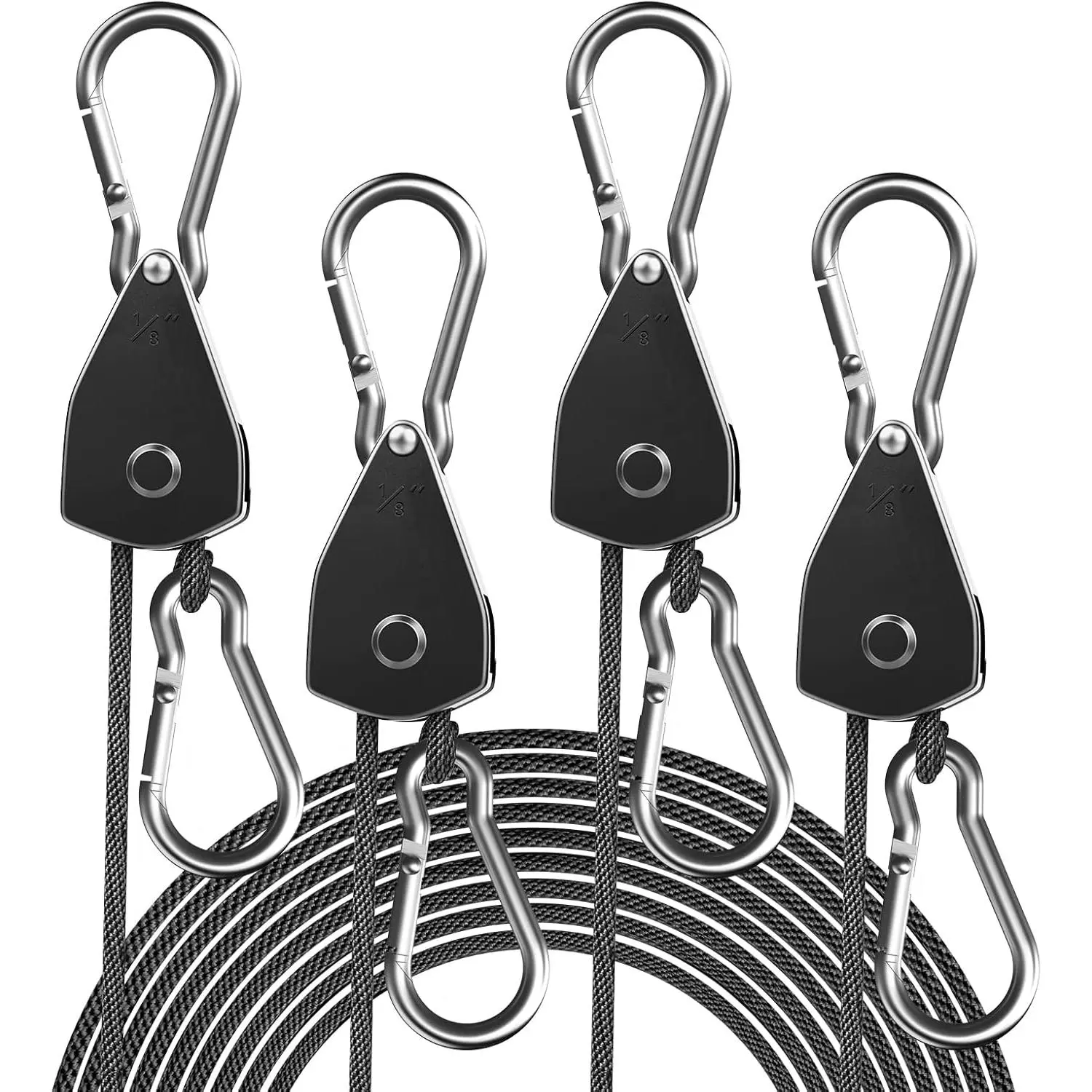 1/8" Adjustable Rope Hanger, Heavy Duty Ratchet Tie Down Strap with Reinforced Metal Gear, Ratcheting Pulley System Kayak Straps for Hanging Plants Grow Light and Various Tie-Down Uses