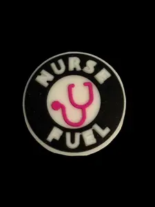 F/C10- (1)PC 1.1" Round Black/Pink/White NURSE FUEL W/Stethoscope Focal Bead for DIY Keychains, Wristlets, Cup Charms, Car Charms ETC