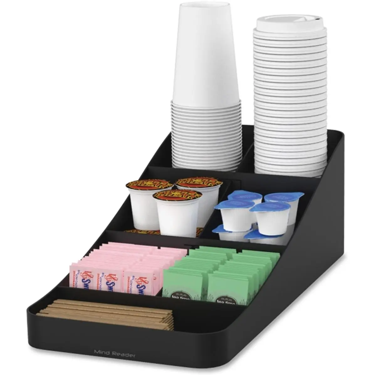 212 MAIN 7-Compartment Kitchen Coffee Condiment Organizer - Compact Design, Rubber Gripper Base, Fits on Desks, Black Home Storage Accessory